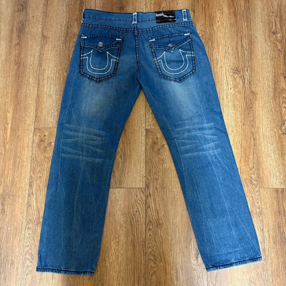 Y2K True Religion USA Made Thick Stitch Blue Jeans Straight Leg Mens 40x33 VTG